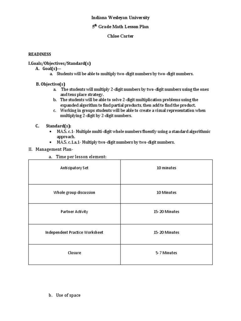 5th Grade Math Lesson Plan | PDF | Classroom | Educational Assessment