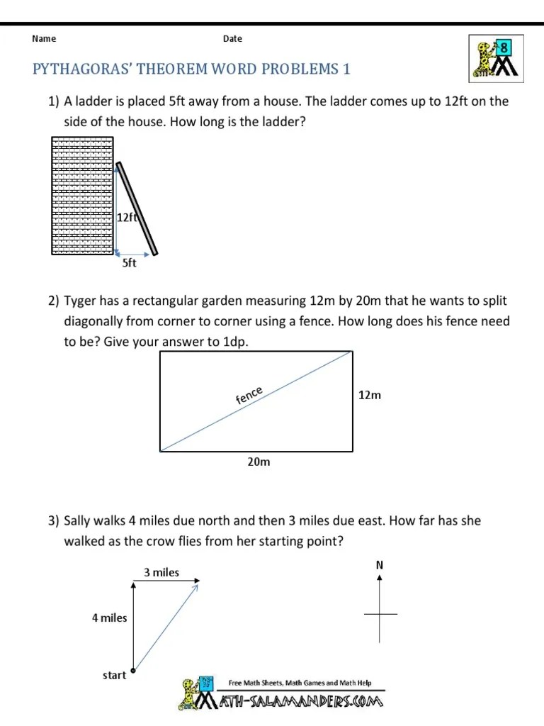 Pythagoras' Theorem Word Problems 1: Name Date | PDF