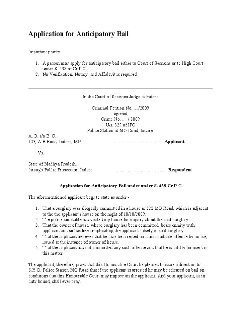 Application For Anticipatory Bail Under Under S. 438 CR P C | PDF | Bail | Criminal Law