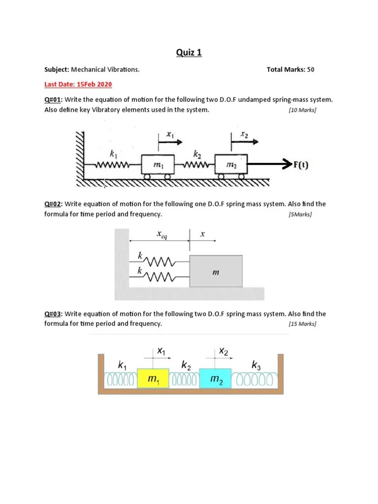 Mechanical Vibrations Quiz 1: Equations Of Motion For Single-Degree And ...