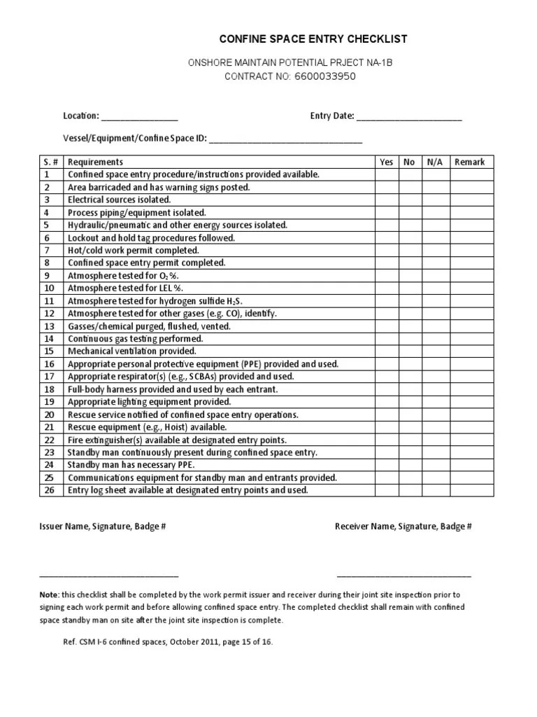 Confined Space Entry Checklist | PDF | Safety | Gases