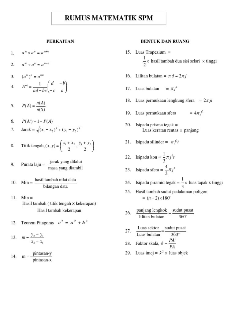 Rumus matematik examonline spa ptd m41 pada 19.01.2016 jam 8:00 malam. Formula Matematik Pdf