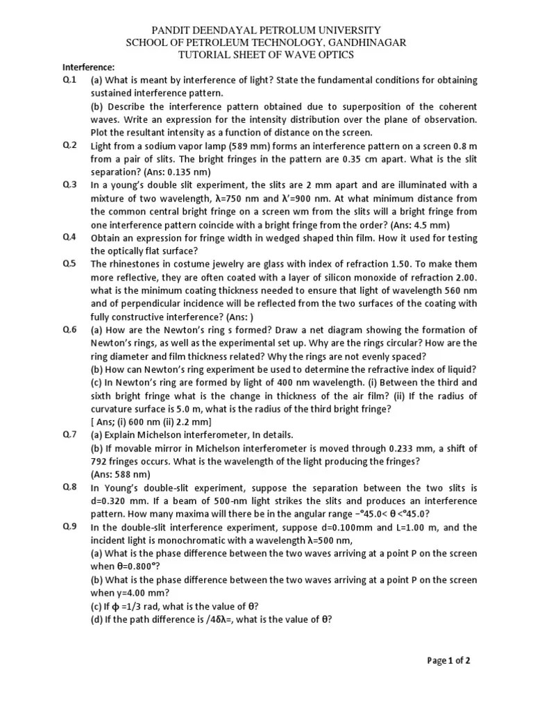 Tutorial - Wave Optics PDF | PDF | Diffraction | Wavelength
