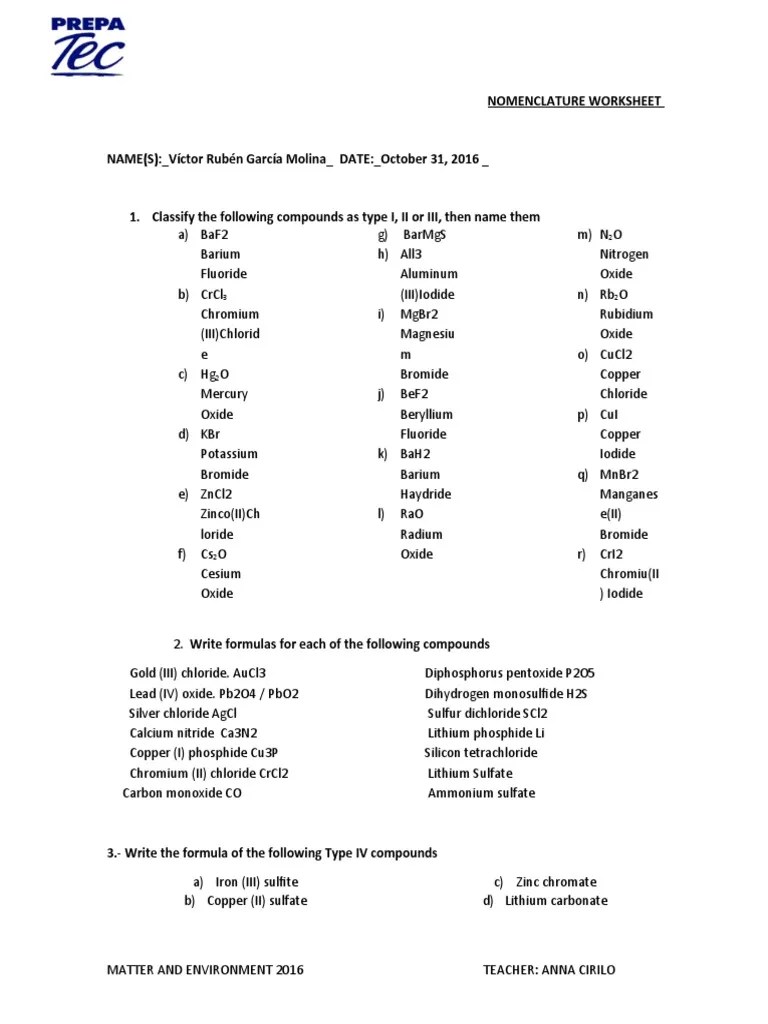 You should complete this by sunday. Nomenclature Worksheet N Pdf Oxide Chromium