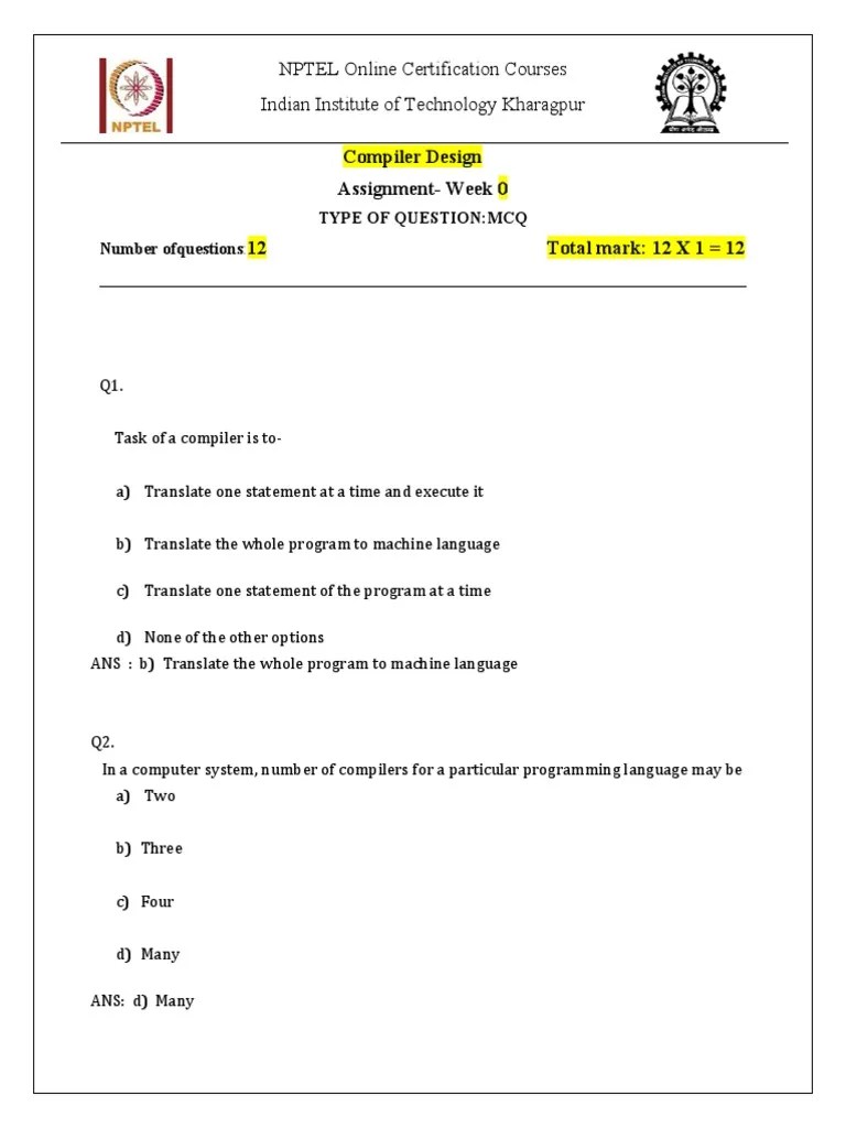 Compiler Design Assignment-Week 0 12 Total Mark: 12 X 1 12 | PDF ...