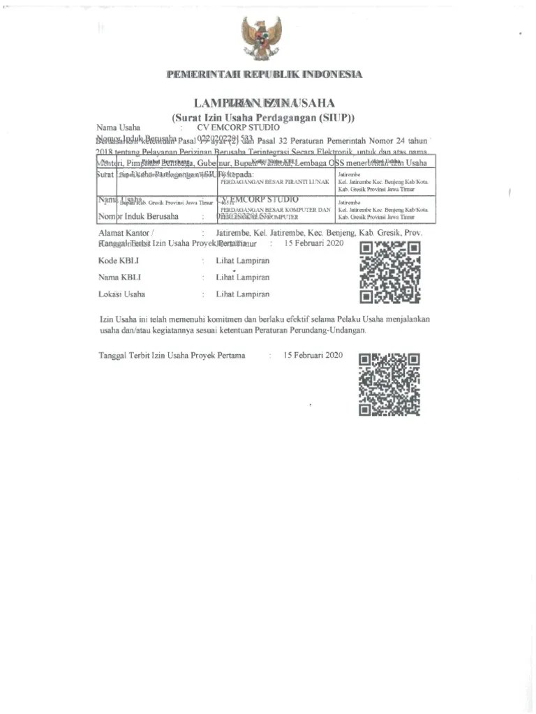 Surat Ijin Usaha Perdagangan (SIUP) - CV Emcorp Studio | PDF