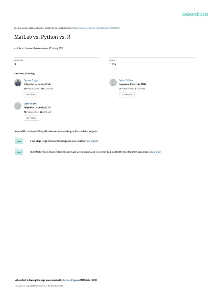 Matlab Vs. Python Vs. R: Journal Of Data Science: Jds July 2017 | PDF ...