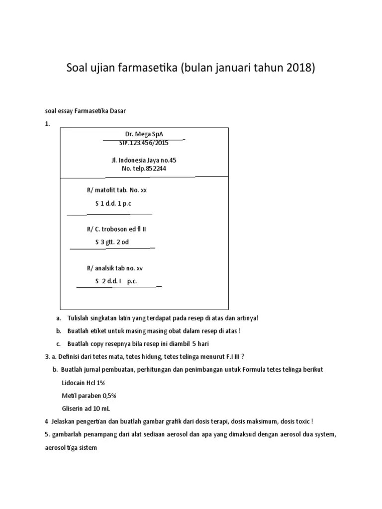 Soal Essay Dan Pilihan Ganda Unian FARMASETIKA DASAR 2018 | PDF