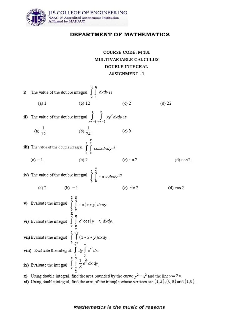 Assignment-1 - Multivariable Calculus - M 201 | PDF | Area | Integral