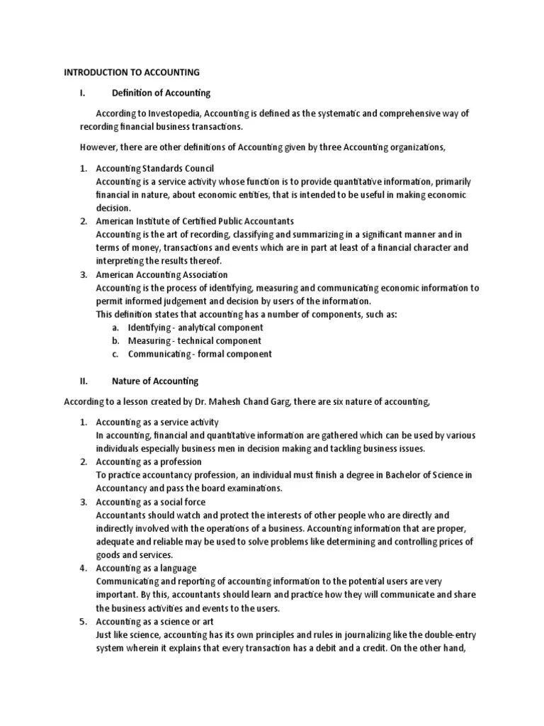 Introduction To Accounting I. Definition Of Accounting | PDF | Bookkeeping | Accounting