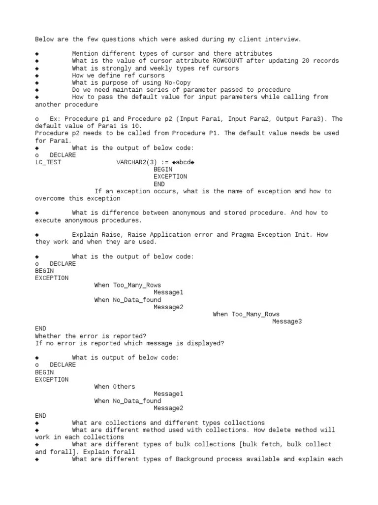 Oracle SQL/PLSQL Client Interview Questions | PDF | Pl/Sql ...