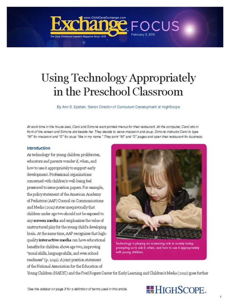 Using Technology Appropriately In Classroom | PDF | Preschool | Early ...