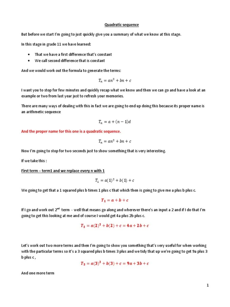 Quadratic Sequences | PDF | Algebra | Teaching Mathematics