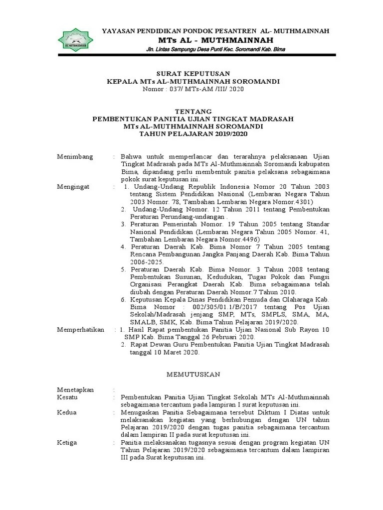 Contoh pembutana sk panitia ujian sekolah. Sk Panitia Ujian Mts 2020 Pdf