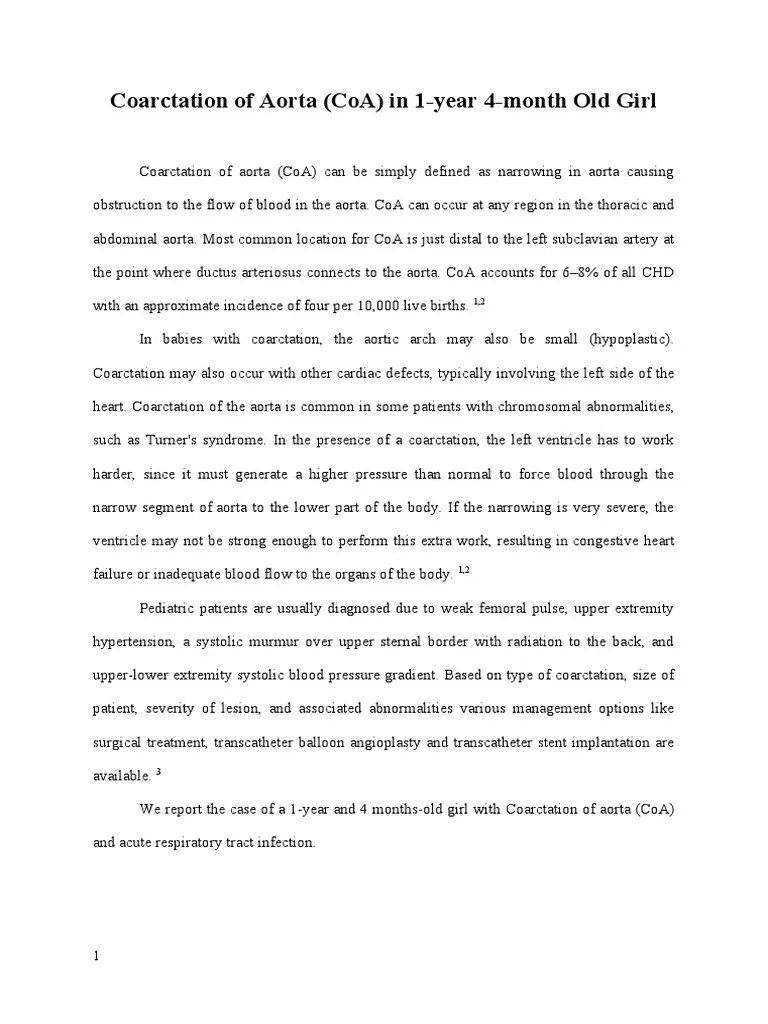 Coarctation Of Aorta (Coa) In 1-Year 4-Month Old Girl | PDF | Aorta | Blood Pressure
