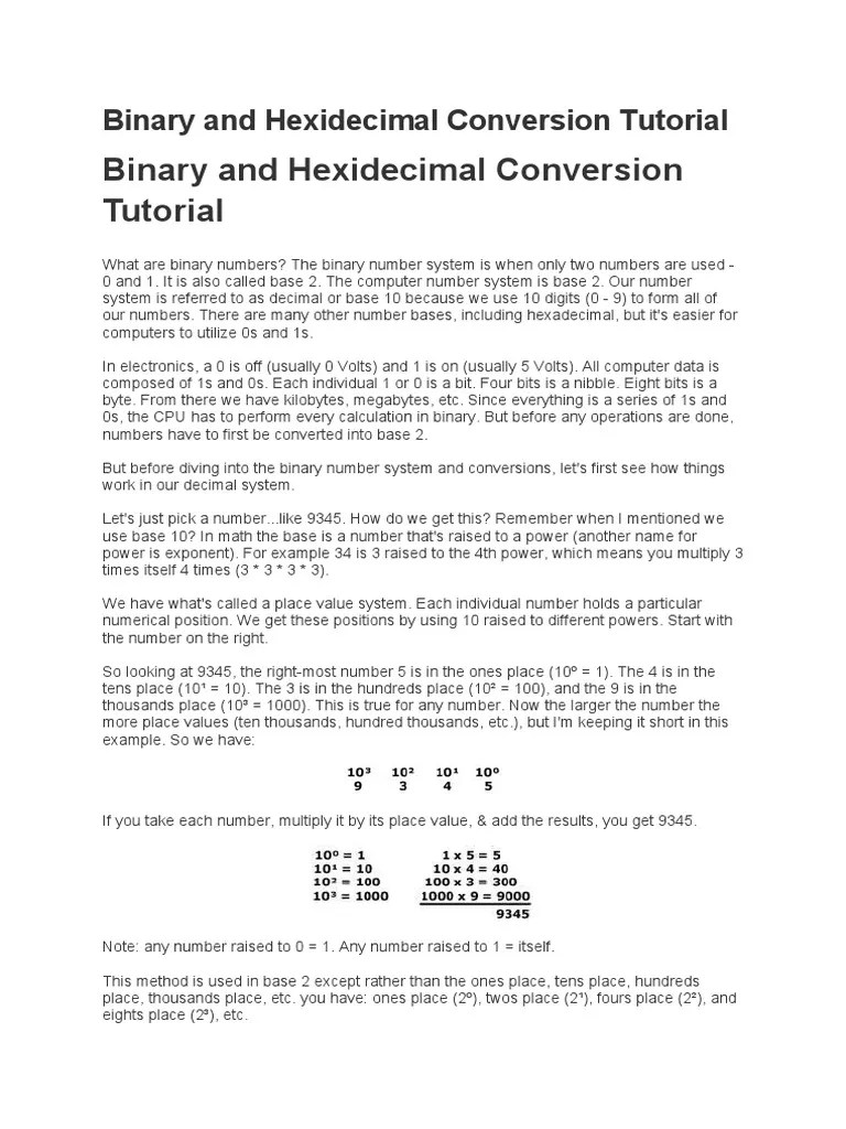 Binary And Hexidecimal Conversion Tutorial | PDF | Decimal | Arithmetic