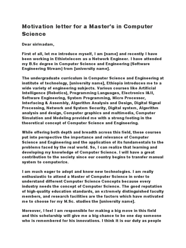 Motivational Letter For Masters | PDF | Computer Science | Engineering