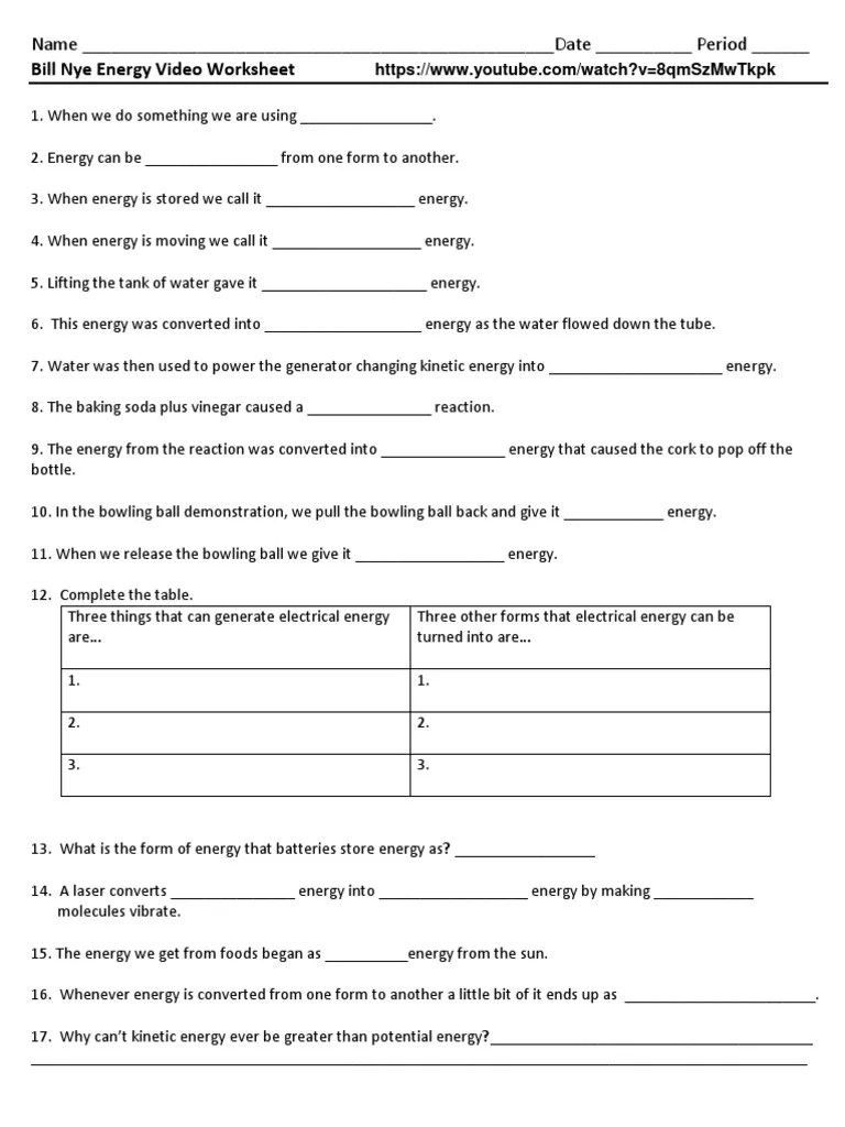 bill nye energy worksheet nature chemistry