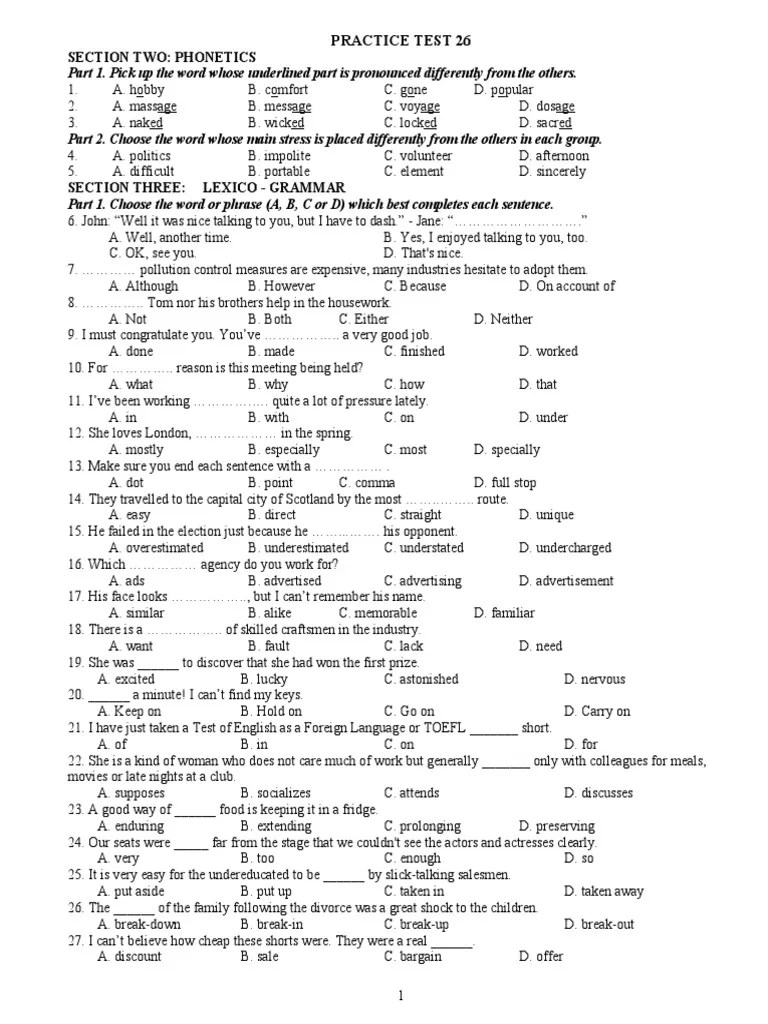 Section Two: Phonetics: Practice Test 26 | Download Free PDF | Roof | Caregiver