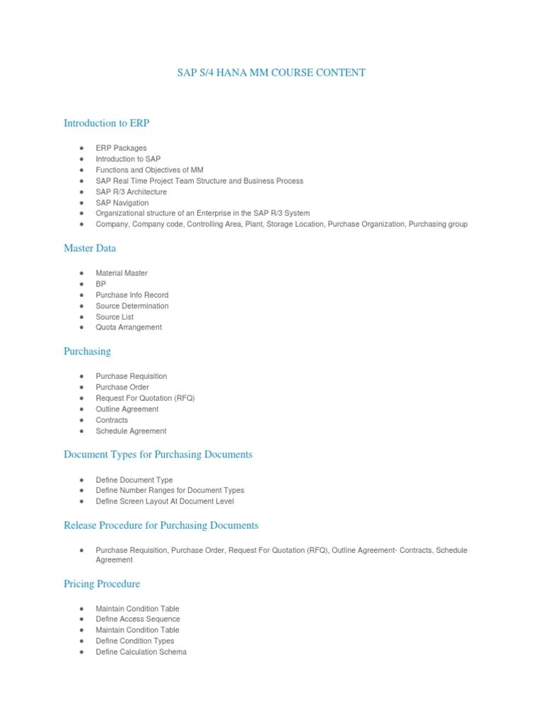 Sap S/4 Hana MM Course Content | PDF | Sap Se | Database Schema