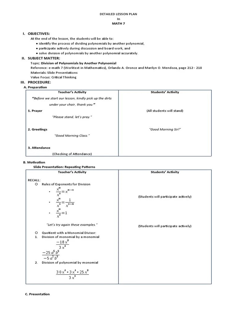 Lesson Plan 1 - Division Of Polynomials By Another Polynomial | PDF ...
