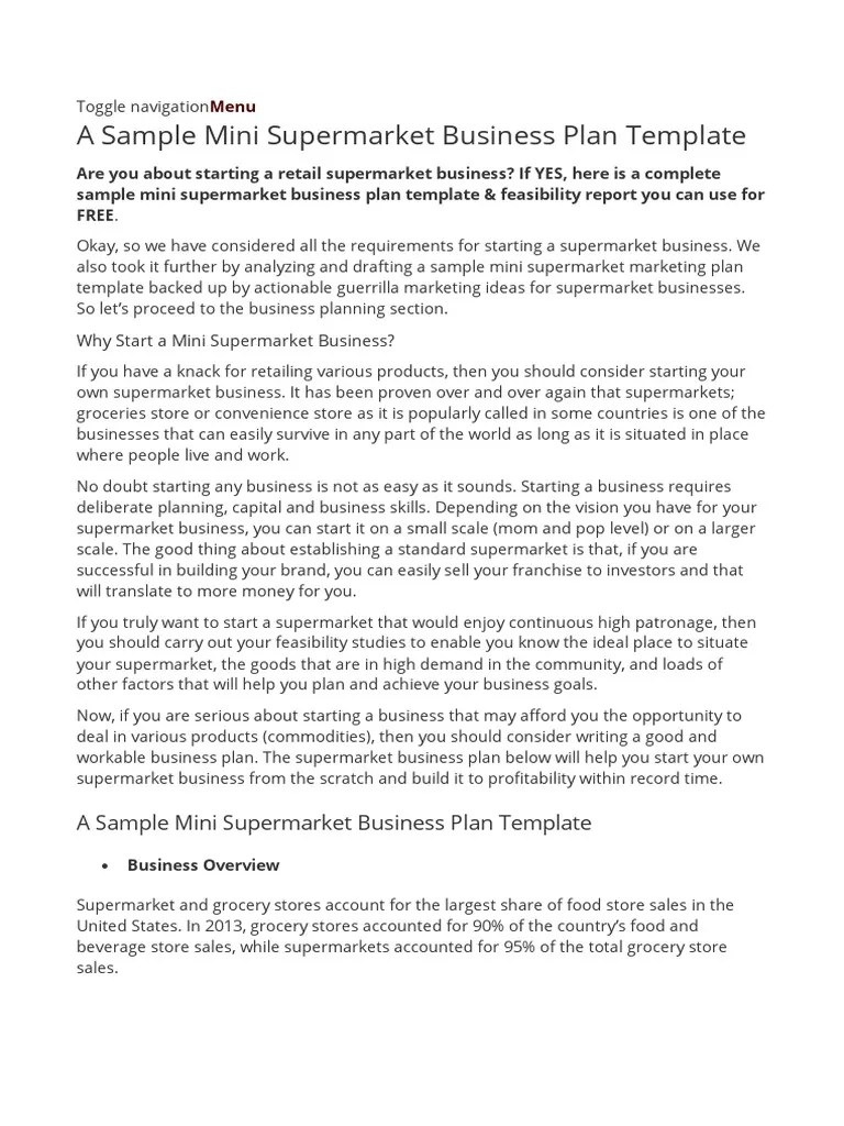 A Sample Mini Supermarket Business Plan Template Supermarket Retail
