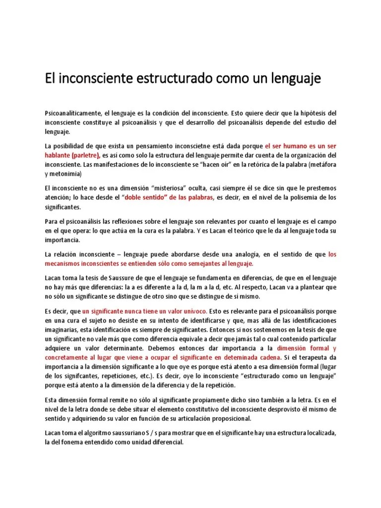 El Inconsciente Estructurado Como Un Lenguaje | PDF | Psicoanálisis | Jacques Lacan