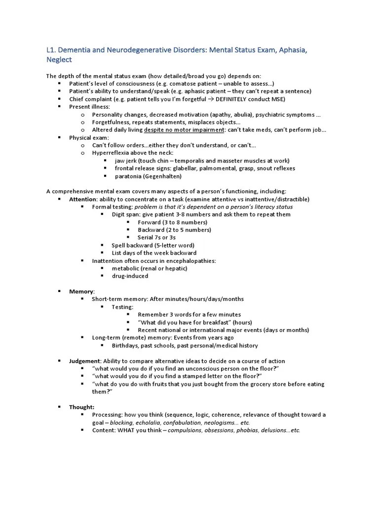 L1. Dementia And Neurodegenerative Disorders: Mental Status Exam ...