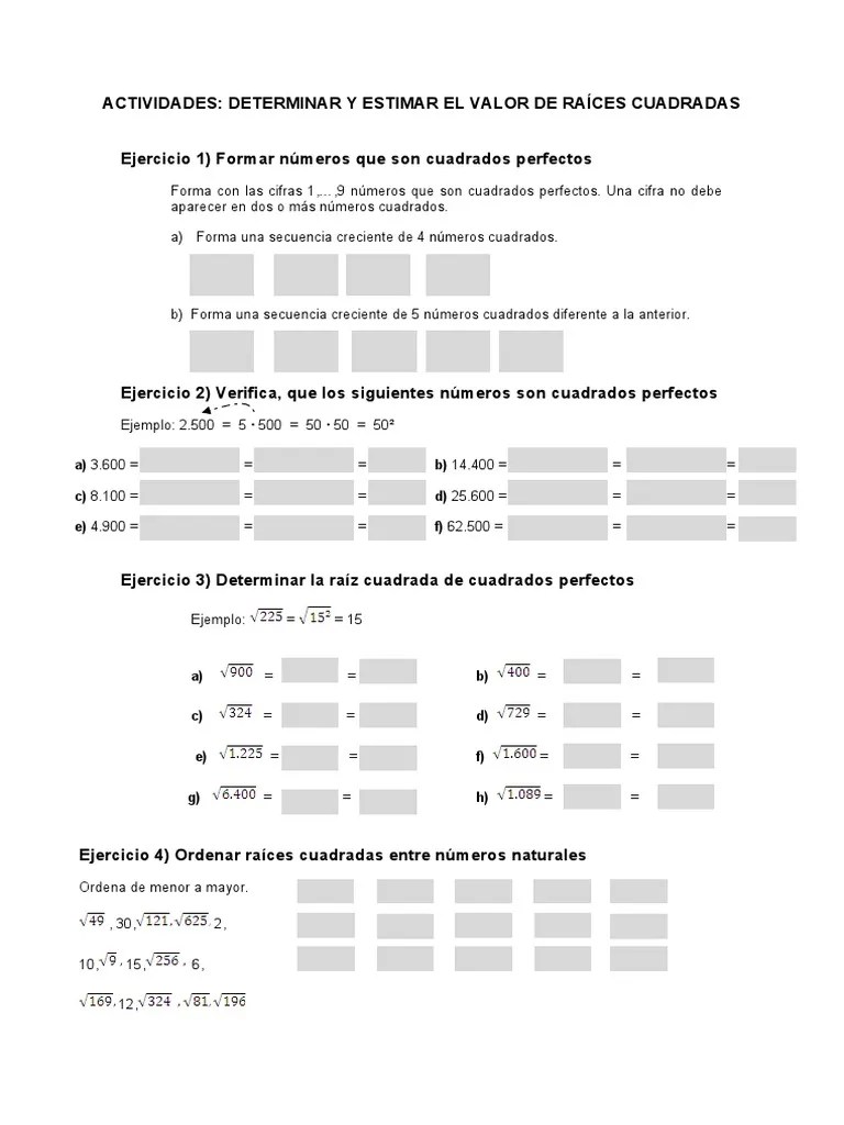 Ejercicios De Raíces Cuadradas Y Cuadrados Perfectos | PDF | Teoría De ...