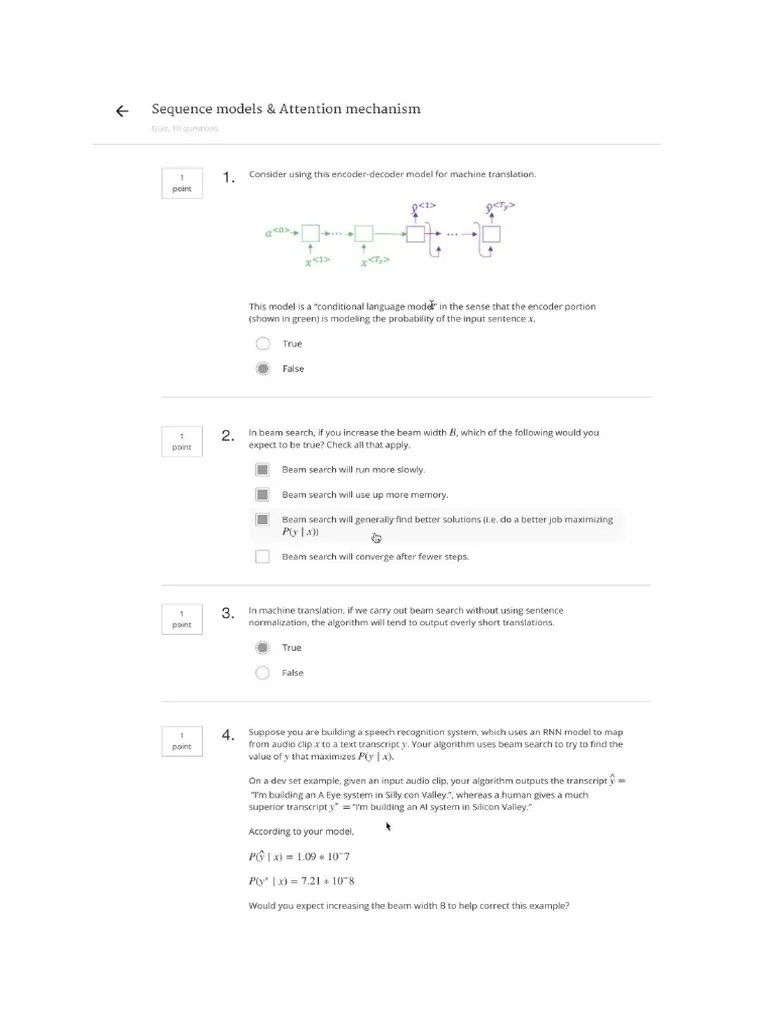 Course 5 - Week 3 - Quiz - Sequence Models & Attention Mechanism | PDF