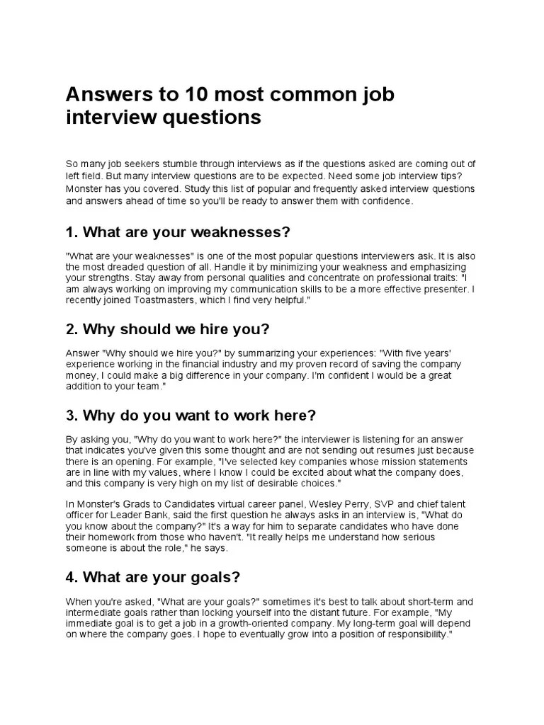 Answers To 10 Most Common Job Interview Questions | PDF | Job Interview ...