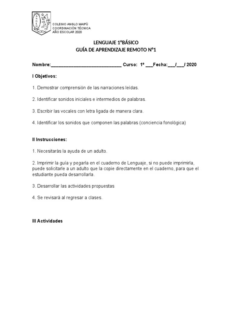 1° Básico - Guía De Aprendizaje Remoto - Lenguaje - N°1 | PDF ...
