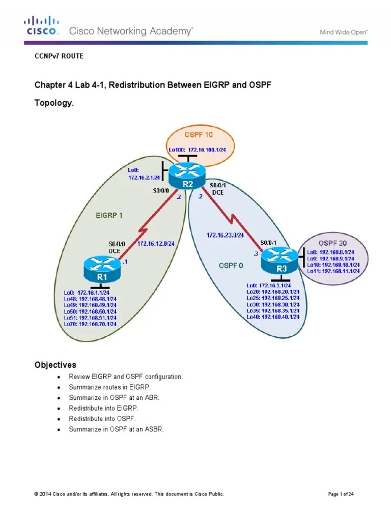 Chapter 4 Lab 4-1, Redistribution Between EIGRP And OSPF Topology | Download Free PDF | Routing ...