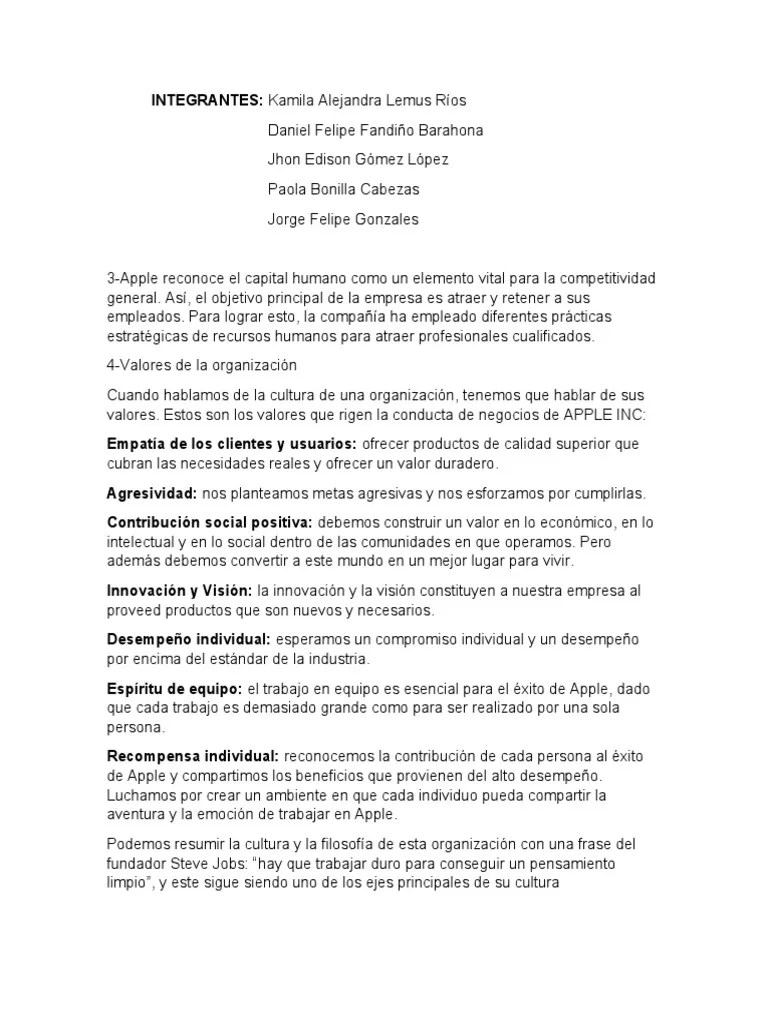Valores Y Cultura Organizacional De Apple Inc. | PDF | Apple Inc ...