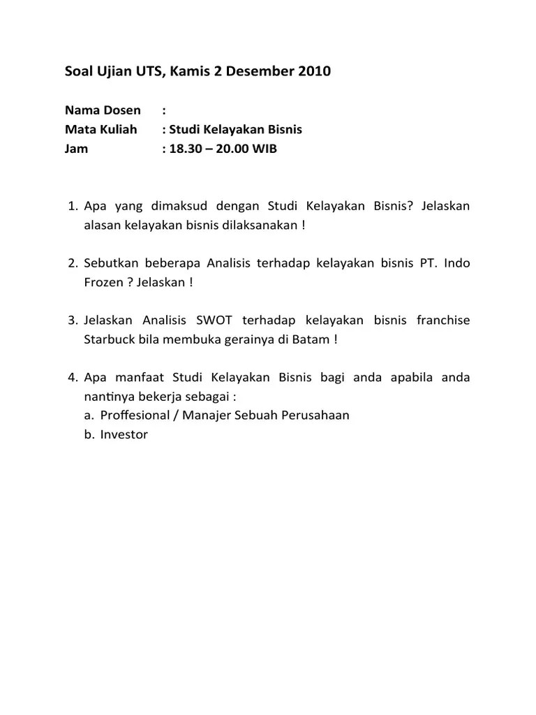 Soal Ujian UTS Kelayakan Bisnis 2010 | PDF