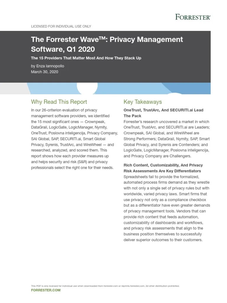 The Forrester Wave™ - Privacy Management Software, Q1 2020 PDF | PDF | Privacy | Sap Se