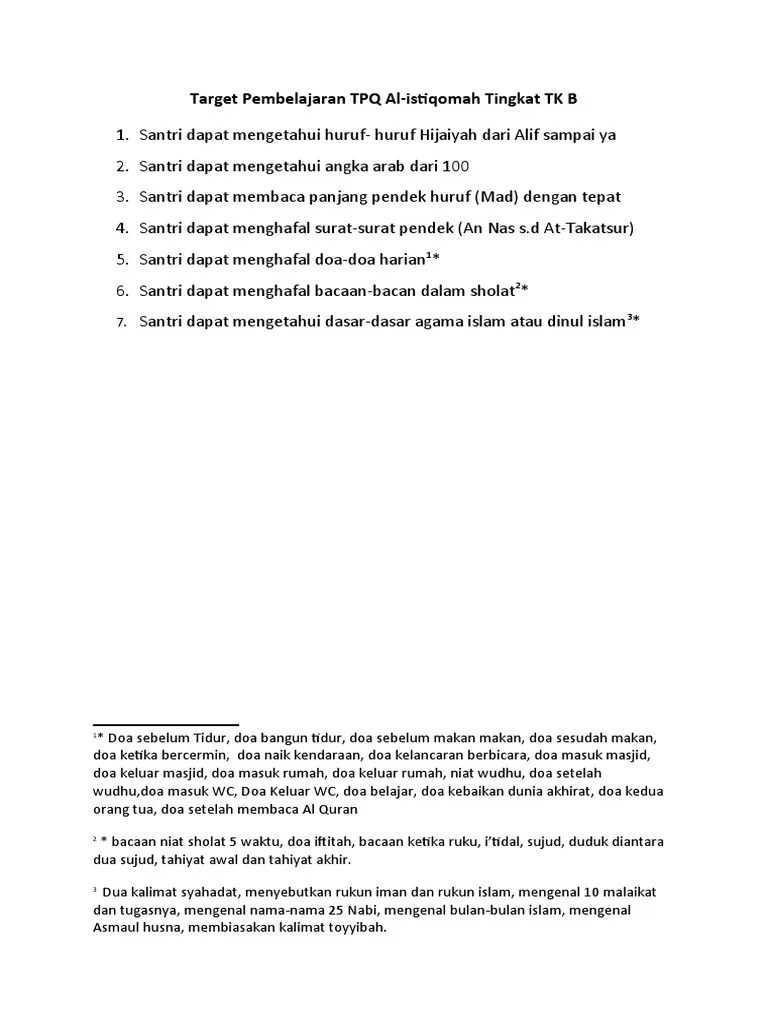 Target Pembelajaran TPQ Al Istiqomah Tingkat TK B | PDF