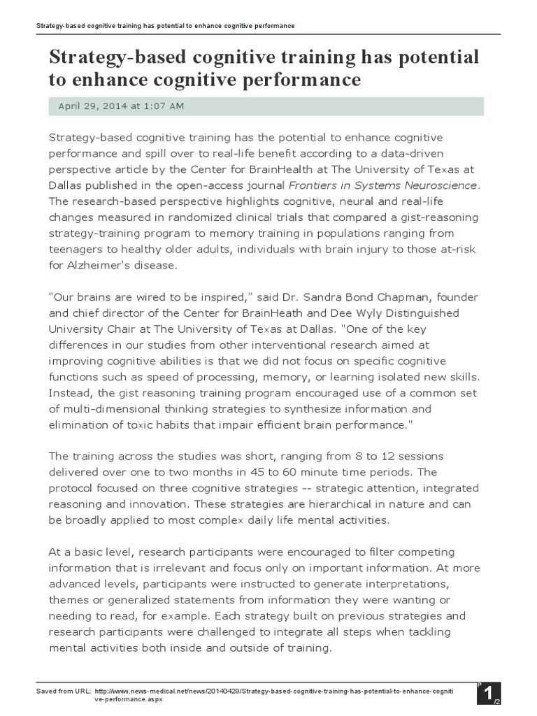 Strategy Based Cognitive Training Has Potential To Enhance Cognitive ...