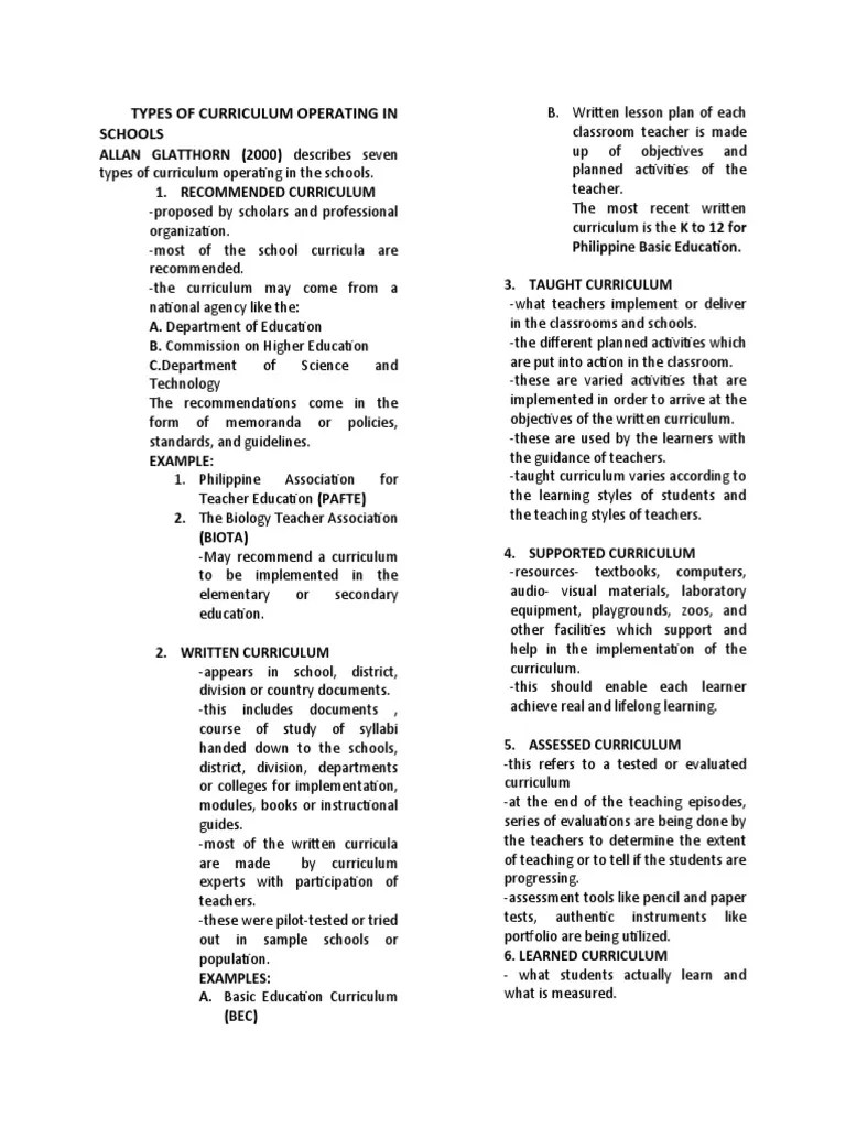 Types Of Curriculum Operating In Schools | PDF | Curriculum | Teachers