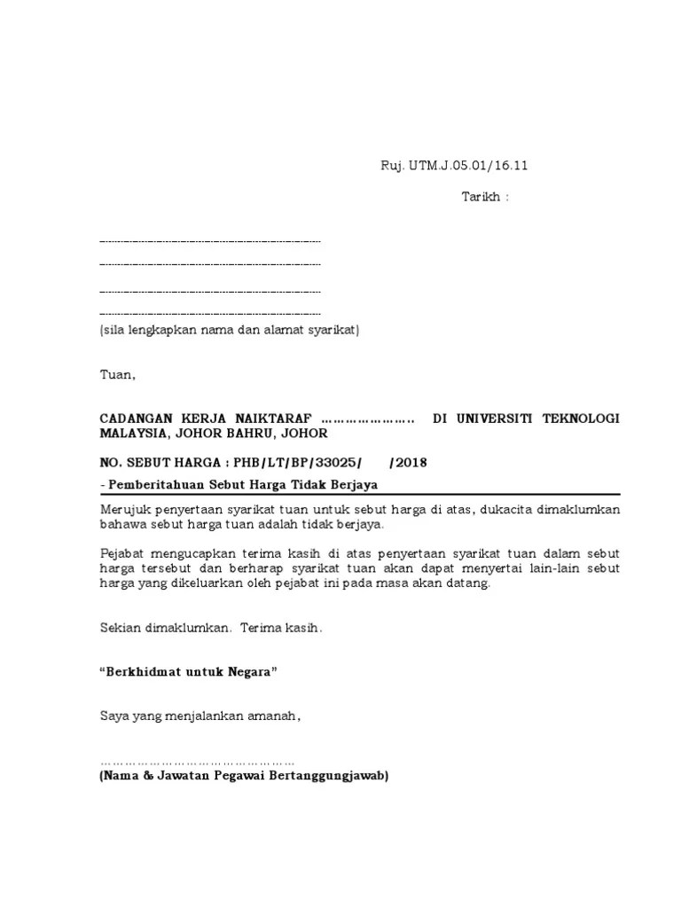 Surat Tidak Berjaya Tender Kantin 