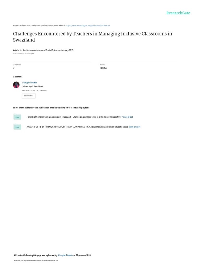 Challenges Encountered By Teachers In Managing Inclusive Classrooms In Swaziland | PDF ...