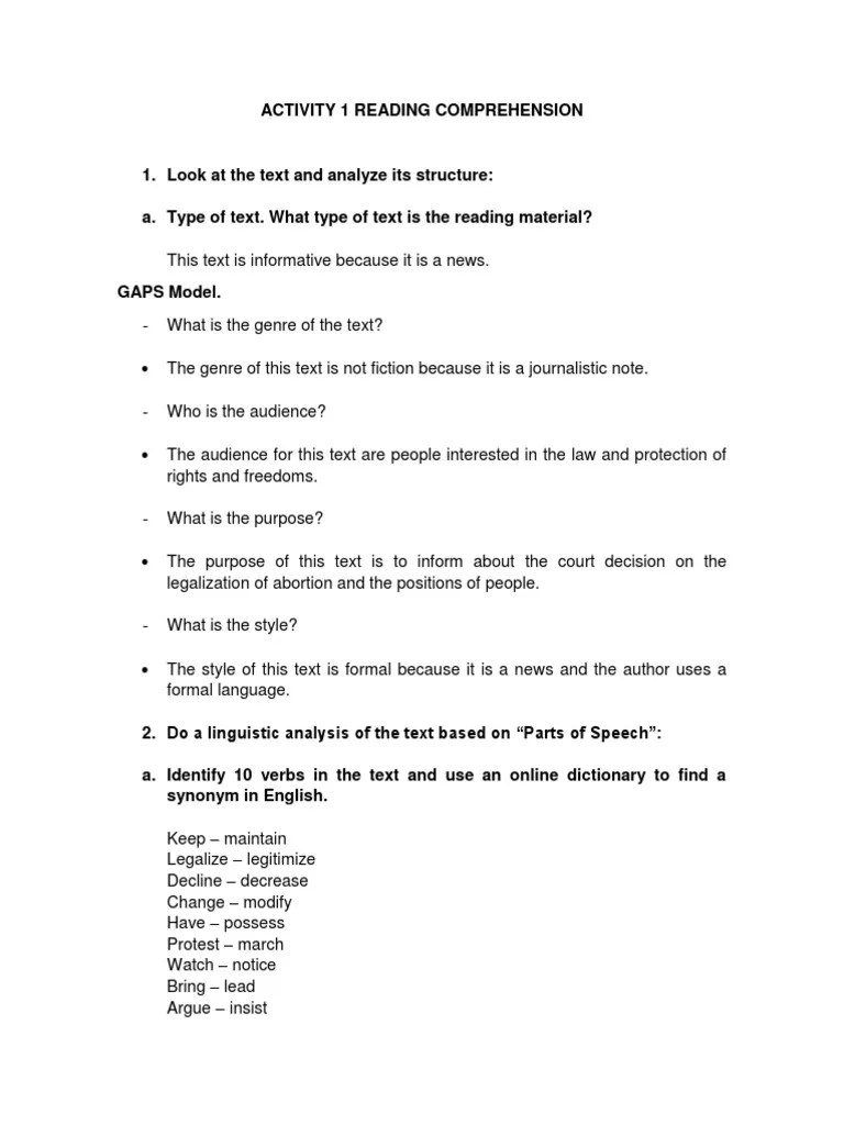 Interested in improving reading comprehension, but not sure how? Activity 1 Reading Comprehension Part Of Speech English Language