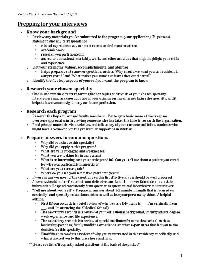 Veritas Mock Interview Dos Donts Handout | PDF | Medical School | Residency (Medicine)