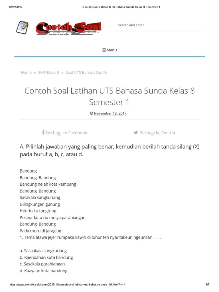 Contoh Soal Latihan UTS Bahasa Sunda Kelas 8 Semester 1 | PDF
