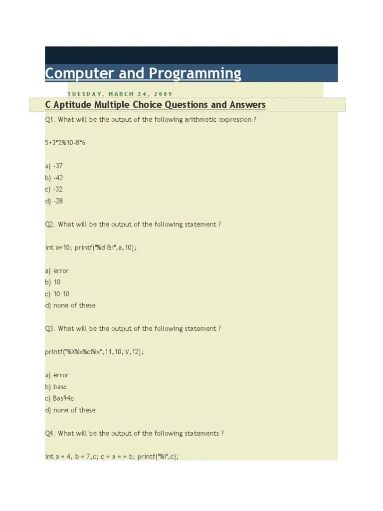 Computer And Programming: C Aptitude Multiple Choice Questions And ...