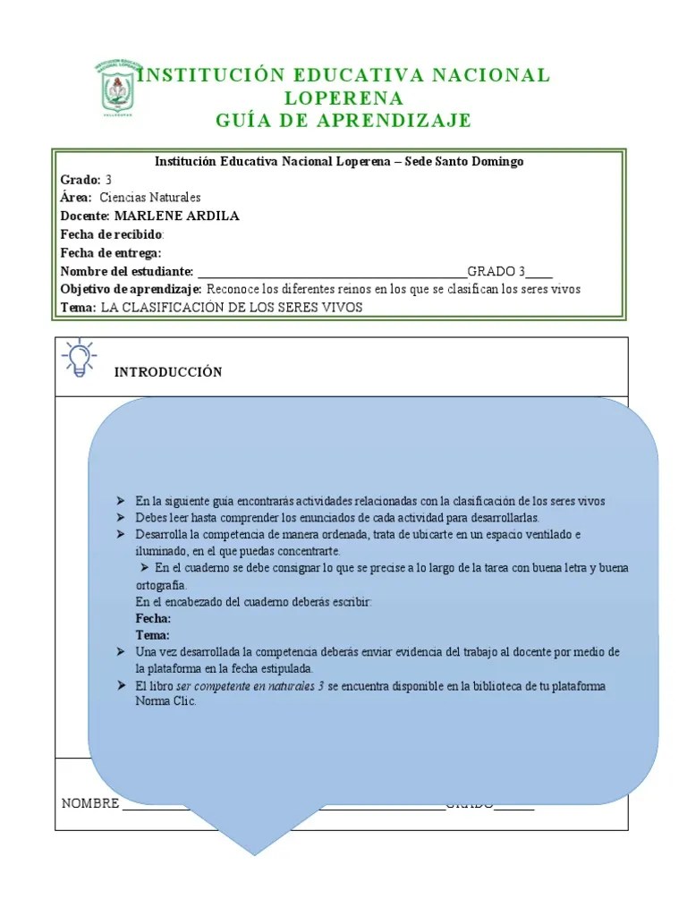 Guía Grado Tercero La Clasificación De Los Seres Vivos | PDF | Organismos | Taxa