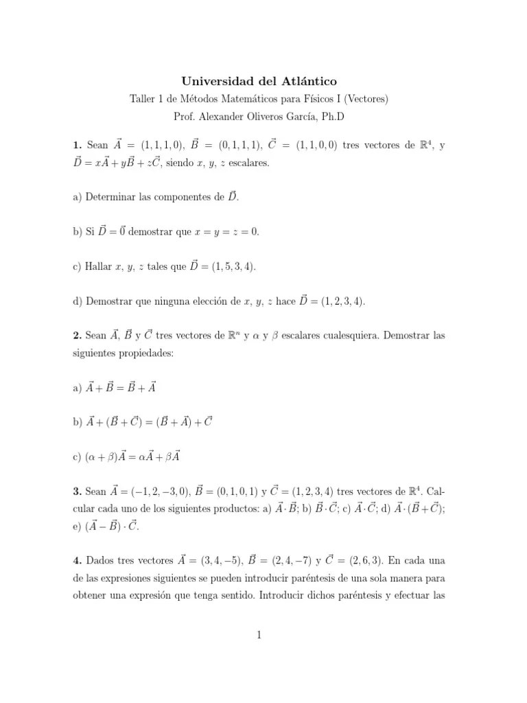 Taller1 (Vectores) PDF | PDF | Escalar (Matemáticas) | Vector Euclidiano