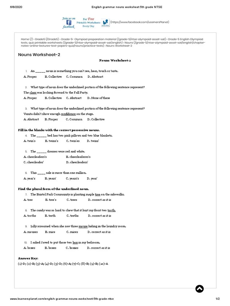 Some of the worksheets for this concept are common and . English Grammar Nouns Worksheet 5th Grade Ntse Pdf Noun Grammar