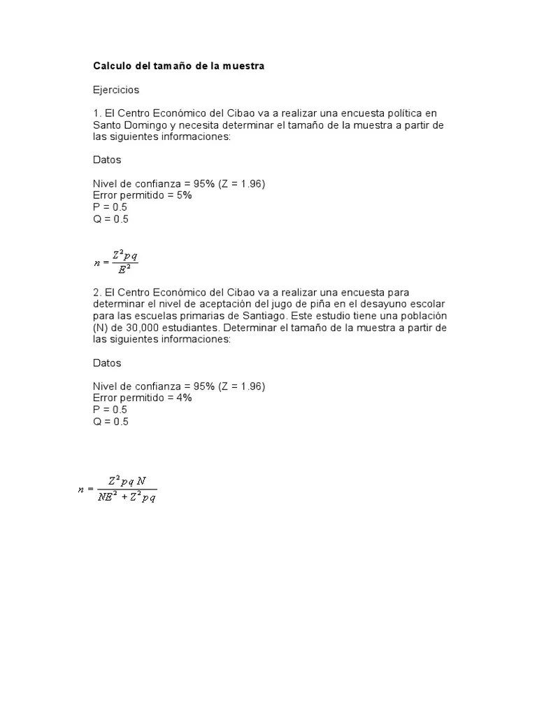Ejercicios Para Calculo Del Tamano De La Muestra | PDF
