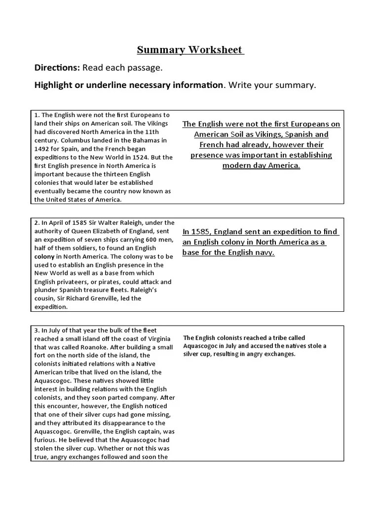 Lost colony of roanoke (4 minutes,. Summary Worksheet For English Pdf Roanoke Colony Naval Warfare